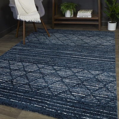 Balta Madera Striped Contemporary 5' 3" x 7' Area Rug, Navy Blue, large