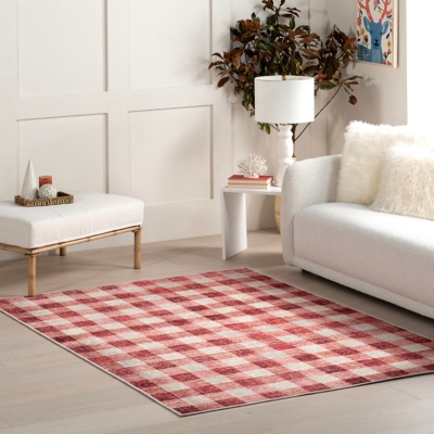 nuLOOM Drew Gingham Plaid Machine Washable Area Rug, Pink, rollover