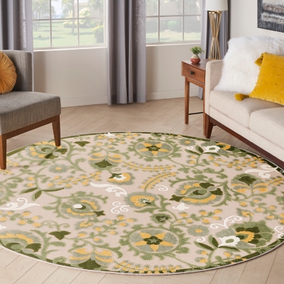 Nourison Home Splash 5'3" X Round Leafy Vines Indoor/Outdoor Area Rug, Ivory/Green