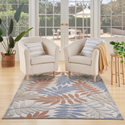 Nourison Home Splash 6' X 9' Botanical Pattern Indoor/Outdoor Area Rug, Blue/Mocha