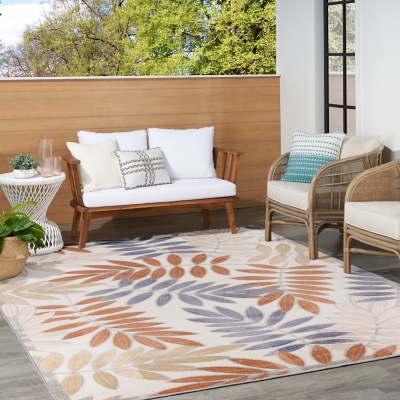 Nourison Home Splash 9' X 12' Botanical Pattern Indoor/Outdoor Area Rug, Blue/Mocha
