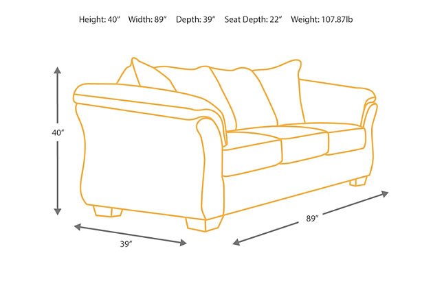 Talk about fine lines and great curves. That’s the beauty of the Darcy sofa—made to suit your appreciation for clean, contemporary style. A striking flared frame, comfy pillow top armrests and an ultra-soft upholstery that holds up to everyday living complete this fashion statement.High-resiliency foam cushions wrapped in thick poly fiber | Polyester upholstery | Loose seat and attached back and armrest cushions | Exposed feet with faux wood finish | Corner-blocked frame | Excluded from promotional discounts and coupons