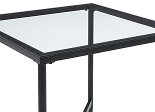 This metal and glass coffee table set serves up a less-is-more look sure to satisfy your sophisticated taste. Cross-bar stretcher design is simply striking. Clear glass tabletops serve an open-and-airy aesthetic.Includes 1 coffee table and 2 end tables | Made of metal and glass | Assembly required | Estimated Assembly Time: 45 Minutes