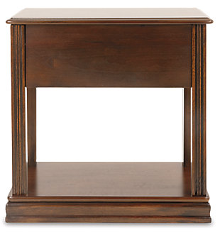 Inlay accents, fluted details and an oil-rubbed effect on the rich finish give the Breegin chairside end table such great character. The base shelf is just the place for a storage basket, decorative vase or other accent piece. You’ll love the deep drawer with removable tray offering handy storage, too.Hand-finished | 1 fixed shelf | Made of veneers, wood and engineered wood | Assembly required | Pewter-tone hardware | 1 drawer with removable black PVC laminate tray | Excluded from promotional discounts and coupons | Estimated Assembly Time: 15 Minutes