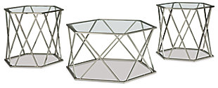 With its sculptural, hexagonal design, the Madanere coffee table set lets modern minimalism beautifully take shape. Chrome-tone metal merged with clear glass is sheer brilliance.Includes 1 coffee table and 2 end tables | Made of clear tempered glass with polished edge and metal | Hexagonal shape with X brace design | Metal in chrome-tone finish | Assembly required | Estimated Assembly Time: 90 Minutes