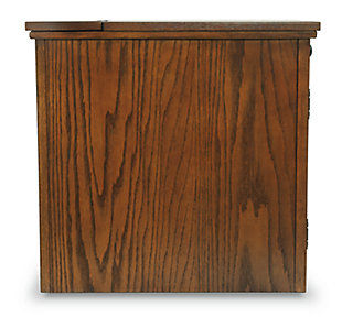 So much form and function in a beautifully compact piece of furniture. Richly crafted with a warm and rustic style, the Laflorn chairside end table puts it all within reach, including a flip-up top panel revealing a power port—perfect for keeping your phone or laptop charged. Hidden twin cup holders and interior shelved storage are also a welcome surprise.Hand-finished | Made of veneers, wood and engineered wood | Assembly required | 1 cabinet with 1 adjustable shelf | Pull-out tray with 2 recessed cup holders and remote control slot | Flip-top compartment with 3 electrical outlets, 2 USB slots | Power Cord, UL listed | Pewter-tone hardware | Excluded from promotional discounts and coupons