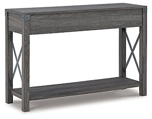 Open the door to modern farmhouse style with the Freedan console table. The beautiful woodgrain look and classic crossbuck metal accents are a cool touch, while the lower shelf provides surface space for fashionable home accessories. A pair of smooth-gliding drawers is the answer to the daily, where-are-my-keys question.Made of metal and engineered wood | Gray decorative wood grain laminate | Metal crossbuck accents | 2 smooth-gliding drawers | Fixed lower shelf | Assembly required | Estimated Assembly Time: 45 Minutes