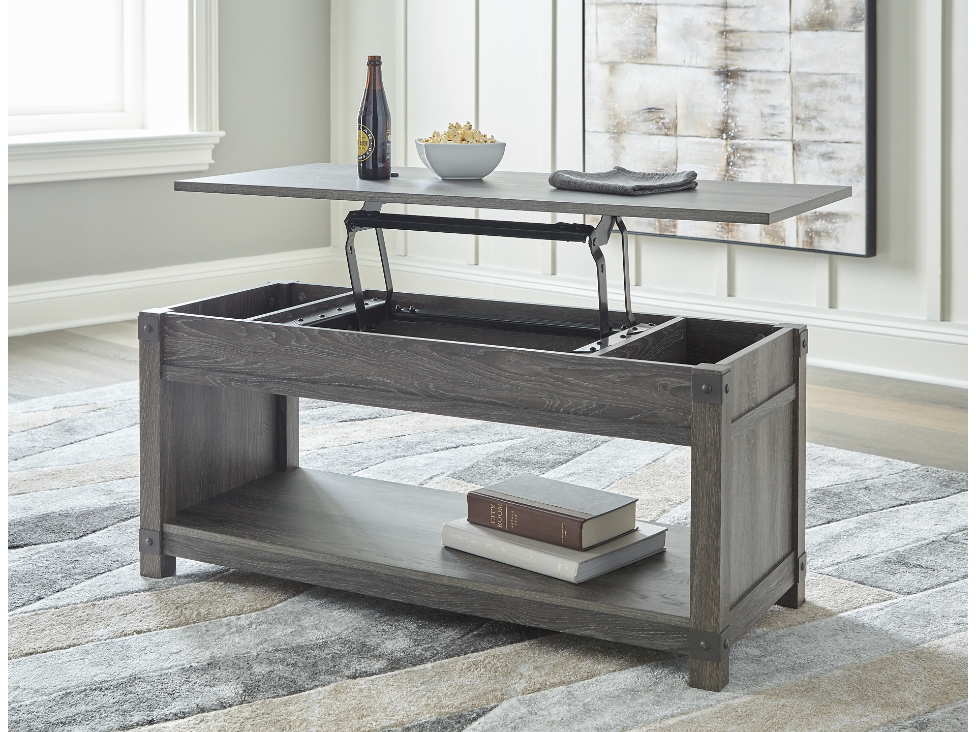 Freedan Lift Top Coffee Table Storage-end table-sofa table Grayish Brown