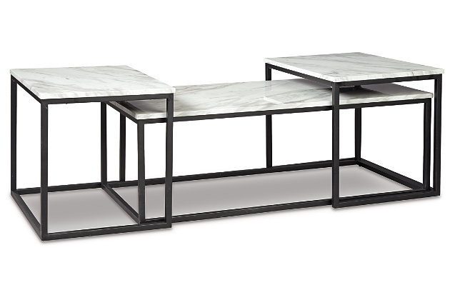 Discover the epitome of urban elegance with the Donnesta table set. Made for city living, this set slides together when space is at a premium and apart again when company comes. The faux Carrara marble adds a chic, sophisticated look to this very minimalist small space solution.Made of decorative laminate, engineered wood and metal | Set of 3 | Faux Carrera marble top and shelf | Nesting design | Tubular metal frame with black powder coated finish | Assembly required | Estimated Assembly Time: 30 Minutes