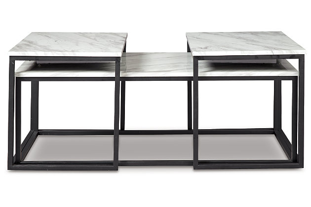 Discover the epitome of urban elegance with the Donnesta table set. Made for city living, this set slides together when space is at a premium and apart again when company comes. The faux Carrara marble adds a chic, sophisticated look to this very minimalist small space solution.Made of decorative laminate, engineered wood and metal | Set of 3 | Faux Carrera marble top and shelf | Nesting design | Tubular metal frame with black powder coated finish | Assembly required | Estimated Assembly Time: 30 Minutes