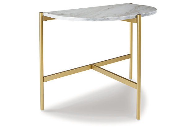 Add a bright spot to your contemporary space with the Wynora side table. The replicated Carrara marble top provides a chic sophistication while a goldtone finish on the metal frame heightens the modern aesthetic.Made of decorative laminate and engineered wood | White faux marble top | Goldtone metallic metal frame | Assembly required | Estimated Assembly Time: 15 Minutes