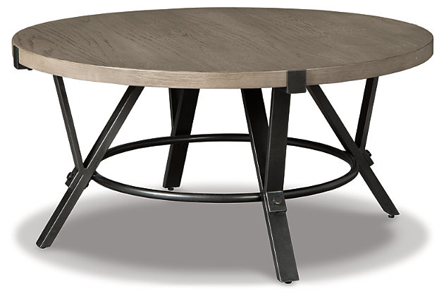 Raise the mood and build upon your good taste with the Zontini cocktail table in your room. The table top with a light pickled finish over white oak veneer pairs with metal frames for a warm, urban industrial feel. Place this piece in the front of your sofa and enjoy the structure it brings to your home decor.Top made of white oak veneer and engineered wood | Metal base in raw steel-tone finish | Assembly required | Estimated Assembly Time: 15 Minutes