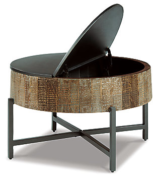 Blending a primitive drum design and warm, multi-tonal finishes, there's more to this boho-chic coffee table than meets the eye—hidden storage under the lid keeps everything out of sight yet close at hand.Made of mango wood, engineered wood and metal | Multi-color wood tone with white wax accents | Gunmetal finish on metal frame and engineered wood lid | Convenient drum design with hidden storage under lid | Assembly required | Estimated Assembly Time: 15 Minutes