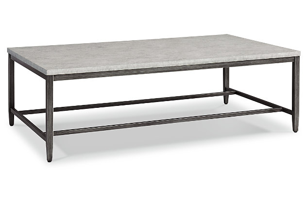 With its casual, linear style design, the spacious Shybourne coffee table works wonderfully well with larger sofas and sectionals. Features faux concrete melamine top with metal base in a dark pewter-tone finish.Faux concrete melamine top | Metal base in dark pewter-tone finish | Assembly required | Estimated Assembly Time: 30 Minutes