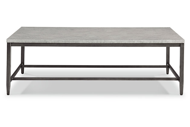 With its casual, linear style design, the spacious Shybourne coffee table works wonderfully well with larger sofas and sectionals. Features faux concrete melamine top with metal base in a dark pewter-tone finish.Faux concrete melamine top | Metal base in dark pewter-tone finish | Assembly required | Estimated Assembly Time: 30 Minutes