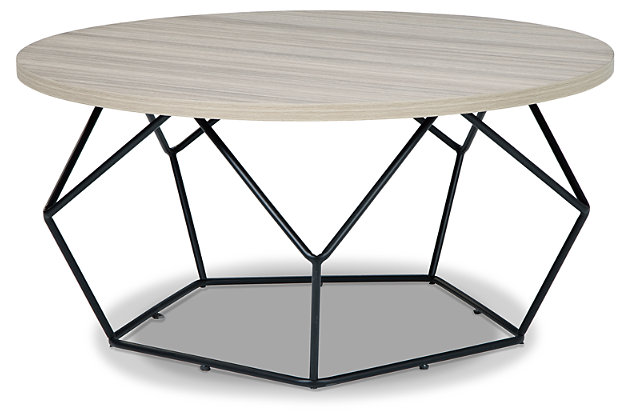 Let your love of cool, contemporary style take shape with the Waylowe round coffee table. Top features exotic wood grain melamine in a light tan, natural wood coloration. Sporting an aged black finish, the tubular honeycomb metal base is buzzing with interest.Exotic wood grain melamine top in light tan | Metal base in aged black finish | Assembly required | Estimated Assembly Time: 30 Minutes