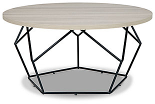 Let your love of cool, contemporary style take shape with the Waylowe round coffee table. Top features exotic wood grain melamine in a light tan, natural wood coloration. Sporting an aged black finish, the tubular honeycomb metal base is buzzing with interest.Exotic wood grain melamine top in light tan | Metal base in aged black finish | Assembly required | Estimated Assembly Time: 30 Minutes