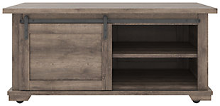 Raise the bar on modern farmhouse design with the Arlenbry storage coffee table. Sporting a handsome weathered oak effect and cross buck accents, the table's unique sliding "barn door" moves to reveal shelved storage space. Easy roll casters add a cool touch that's right on trend.Made of decorative laminate over engineered wood | Replicated weathered oak grain | Barn door slides to reveal open, shelved storage | Casters for easy mobility | Assembly required | Estimated Assembly Time: 60 Minutes