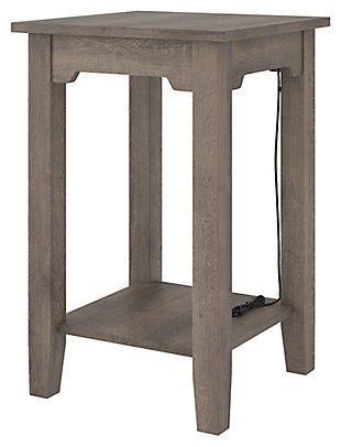 Raise the bar on modern farmhouse design with the Arlenbry powered side table. Sporting a handsome weathered oak effect, this piece offers dual USB ports to help you power through your evenings. Bring a refined sense of functional design to your living room.Made of decorative laminate over engineered wood | Replicated weathered oak grain | USB charging ports | Power cord included; UL Listed | Assembly required | Estimated Assembly Time: 30 Minutes