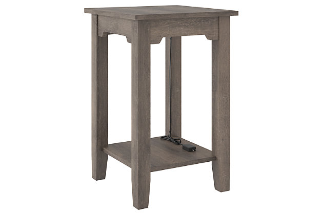 Raise the bar on modern farmhouse design with the Arlenbry powered side table. Sporting a handsome weathered oak effect, this piece offers dual USB ports to help you power through your evenings. Bring a refined sense of functional design to your living room.Made of decorative laminate over engineered wood | Replicated weathered oak grain | USB charging ports | Power cord included; UL Listed | Assembly required | Estimated Assembly Time: 30 Minutes