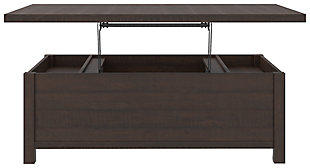 Raise the bar on modern farmhouse design with the Camiburg lift top coffee table. Sporting a rough-sawn wood grain effect, this table's handy spring-loaded mechanism brings the tabletop closer to you. This versatile table makes it easier than ever to eat, work or play from the comfort of your sofa.Made of decorative laminate over engineered wood with rough-sawn wood grain effect | Lift top design | Assembly required | Estimated Assembly Time: 45 Minutes