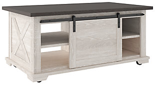 Raise the bar on modern farmhouse design with the Dorrinson coffee table. Sporting a two-tone, gray and antiqued white color scheme and cross buck design, the table's unique sliding "barn door" moves to reveal shelved storage space. Easy roll casters add a cool touch that's right on trend.Made of decorative laminate over engineered wood with two-tone, gray and antiqued white color scheme | Barn door slides to reveal open, shelved storage | Casters for easy mobility | Assembly required | Estimated Assembly Time: 45 Minutes