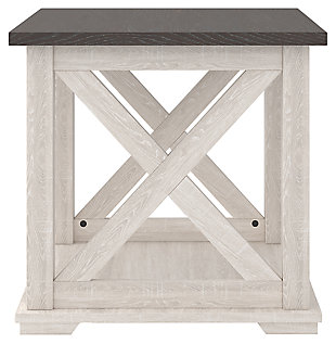 Raise the bar on modern farmhouse design with the Dorrinson end table. Sporting a two-tone, gray and antiqued white color scheme and cross buck design, this table makes a statement wherever it lands. With its generous shelved storage space, this home essential is packed with possibilities.Made of decorative laminate over engineered wood with two-tone, gray and antiqued white color scheme | Assembly required | Estimated Assembly Time: 30 Minutes