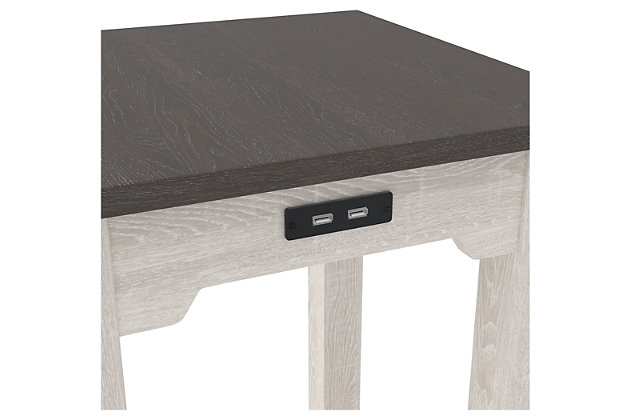 Raise the bar on modern farmhouse design with the Dorrinson side table. Sporting a two-tone, gray and antiqued white color scheme, this piece makes a statement wherever it lands. With its dual USB charging ports, this home essential is packed with possibilities.Made of decorative laminate over engineered wood | Two-tone finish (gray and antiqued white) | Fixed lower shelf | USB charging ports | Power cord included; UL Listed | Assembly required | Estimated Assembly Time: 30 Minutes