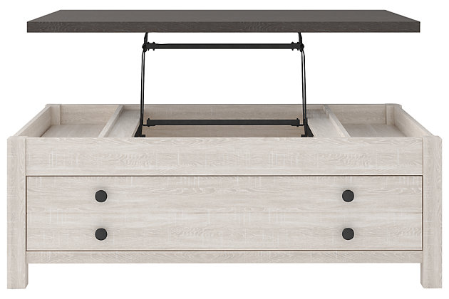 Raise the bar on modern farmhouse design with the Dorrinson lift top coffee table. Sporting a two-tone, gray and antiqued white color scheme and cross buck design, this table's handy spring-loaded mechanism brings the tabletop closer to you. This versatile table makes it easier than ever to eat, work or play from the comfort of your sofa.Made of decorative laminate over engineered wood with two-tone, gray and antiqued white color scheme | Lift top design | Assembly required | Estimated Assembly Time: 60 Minutes