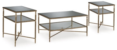 Cloverty Coffee Table with 2 End Tables, Aged Gold Finish