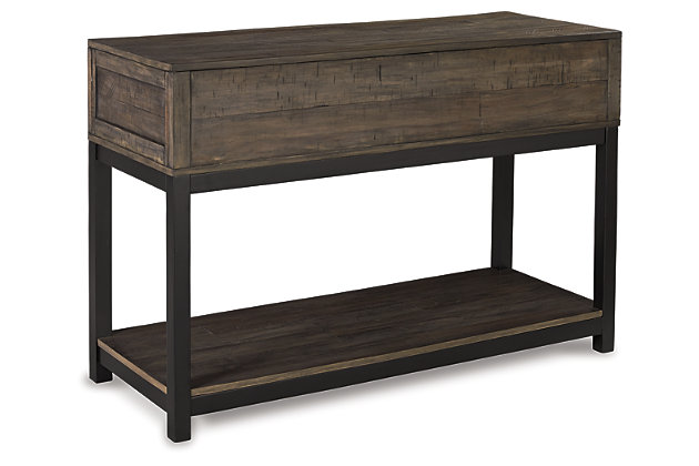 Combining a two-tone finish with a gently distressed texture produces one very distinctive sofa table. Whether your style is modern farmhouse or urban industrial, the Johurst sofa table is the perfect accent for your rustic retreat.Made of wood, veneers and engineered wood | Rustic two-tone finish; distressed brown and black metallic | 2 smooth-gliding drawers | Aged bronze-tone pulls | Lower fixed shelf | Estimated Assembly Time: 15 Minutes