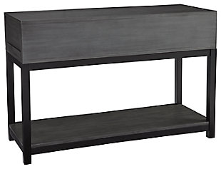 A relaxed take on modern style. The Caitbrook sofa table strikes a simply chic pose with a casually cool sensibility. Smooth-gliding drawers and convenient open shelf keep essentials close at hand.Made of wood, veneers and engineered wood | Two-tone finish: grayish brown and black metallic | 2 smooth-gliding drawers | Fixed lower shelf | Satin nickel-tone hardware | Assembly required | Estimated Assembly Time: 30 Minutes