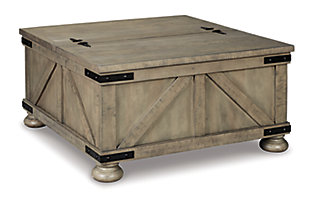 Double up on form and function with the Aldwin square coffee table with storage. Its dual lid tabletop provides easy access to the roomy storage space. Crafted with solid pine wood treated to a weathered gray finish, this generously scaled coffee table is rustic farmhouse living at its best.Made of pine veneers, pine wood and engineered wood | Weathered gray finish | Metal bracket accents | Crossbuck details | 2-sided hinged top (with stay arms) | Assembly required | Estimated Assembly Time: 30 Minutes
