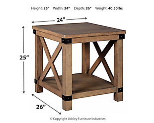Crafted with solid pine wood treated to a weathered gray finish, the Aldwin end table is rustic farmhouse living at its best. Crossbuck styling adds striking flair. Metal industrial brackets incorporate an industrial twist.Made of pine veneers, pine wood and engineered wood | Weathered gray finish | Metal bracket accents | Crossbuck details | Assembly required | Estimated Assembly Time: 30 Minutes