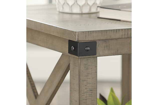 Crafted with solid pine wood treated to a weathered gray finish, the Aldwin end table is rustic farmhouse living at its best. Crossbuck styling adds striking flair. Metal industrial brackets incorporate an industrial twist.Made of pine veneers, pine wood and engineered wood | Weathered gray finish | Metal bracket accents | Crossbuck details | Assembly required | Estimated Assembly Time: 30 Minutes