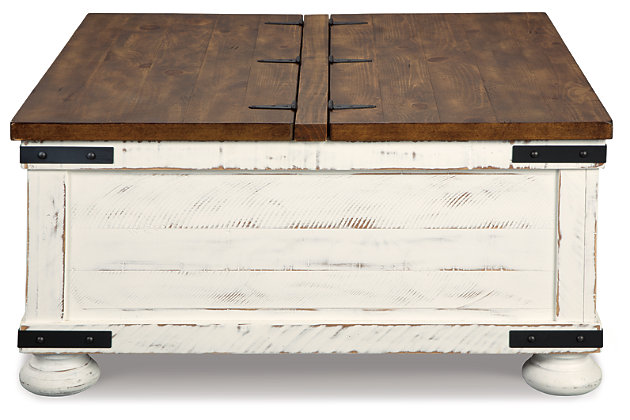 Double take. Sporting a two-tone finish, dual-sided lid design and expansive storage space, the Wystfield square coffee table takes the art of rustic farmhouse living to a new level. Designer touches include plank-effect styling, heavy distressing and industrial bracket hardware.Made of veneers, wood and engineered wood | Distressed finish; vintage white and aged natural pine color | Metal bracket hardware | 2-sided hinged lift top (with stay arms) | Assembly required | Estimated Assembly Time: 30 Minutes