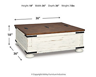Double take. Sporting a two-tone finish, dual-sided lid design and expansive storage space, the Wystfield square coffee table takes the art of rustic farmhouse living to a new level. Designer touches include plank-effect styling, heavy distressing and industrial bracket hardware.Made of veneers, wood and engineered wood | Distressed finish; vintage white and aged natural pine color | Metal bracket hardware | 2-sided hinged lift top (with stay arms) | Assembly required | Estimated Assembly Time: 30 Minutes