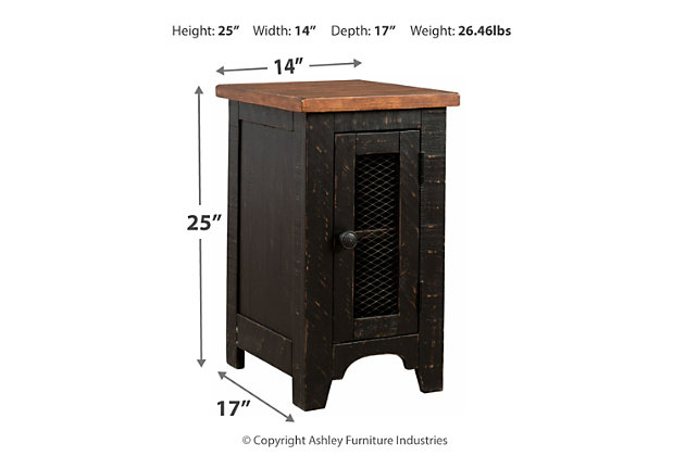 To those with an eye for the best in rustic farmhouse living, the two-tone Valebeck chairside end table doubles up on charm. Designer touches include plank-effect styling, distress marks and a wire mesh door front for added character.Made with pine veneers, pine wood and engineered wood | Two-tone distressed finish (light brown top and rustic vintage black base) | Single door cabinet with metal grill and hardware | Center shelf