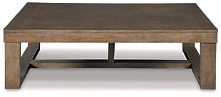 Oversized yet far from overdone, the Cariton coffee table masters the art of simplicity. Bold, blocky profile is enriched with plank-effect styling and a textured grayish brown finish for a look that’s cool and contemporary and a vibe that’s warm and inviting. Its generous scale makes it a natural complement for spacious sectionals.Made with ash veneers and engineered wood | Plank-effect tabletop | Textured grayish brown finish | Assembly required | Estimated Assembly Time: 30 Minutes