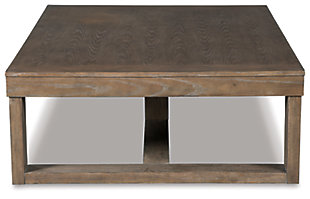 Oversized yet far from overdone, the Cariton coffee table masters the art of simplicity. Bold, blocky profile is enriched with plank-effect styling and a textured grayish brown finish for a look that’s cool and contemporary and a vibe that’s warm and inviting. Its generous scale makes it a natural complement for spacious sectionals.Made with ash veneers and engineered wood | Plank-effect tabletop | Textured grayish brown finish | Assembly required | Estimated Assembly Time: 30 Minutes