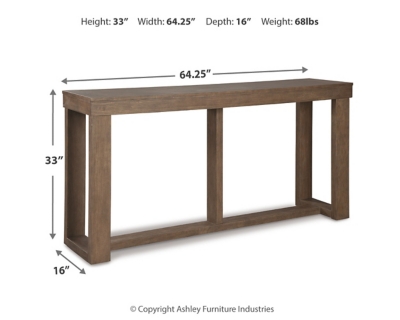 The Cariton sofa table masters the art of simplicity. Bold, blocky profile is enriched with plank-effect styling and a textured grayish brown finish for a look that’s cool and contemporary and a vibe that’s warm and inviting.Made with ash veneers and engineered wood | Plank-effect tabletop | Textured grayish brown finish | Assembly required | Estimated Assembly Time: 30 Minutes