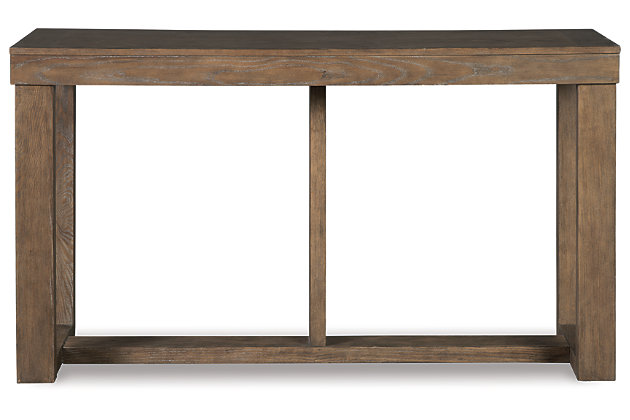 The Cariton sofa table masters the art of simplicity. Bold, blocky profile is enriched with plank-effect styling and a textured grayish brown finish for a look that’s cool and contemporary and a vibe that’s warm and inviting.Made with ash veneers and engineered wood | Plank-effect tabletop | Textured grayish brown finish | Assembly required | Estimated Assembly Time: 30 Minutes