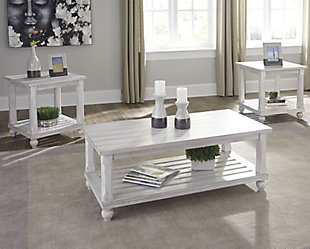 Build casual character in your humble abode with the Cloudhurst 3-piece table set. Distressed white finish has a vintage-inspired look that brightens your home. Planked tabletop and slatted shelf add a wealth of charm. Adorn the table with time-honored decor for a true cottage chic feel.Includes 1 coffee table and 2 end tables | Made of wood, engineered wood and veneers | Assembly required | Estimated Assembly Time: 45 Minutes