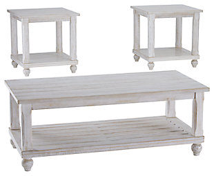 Build casual character in your humble abode with the Cloudhurst 3-piece table set. Distressed white finish has a vintage-inspired look that brightens your home. Planked tabletop and slatted shelf add a wealth of charm. Adorn the table with time-honored decor for a true cottage chic feel.Includes 1 coffee table and 2 end tables | Made of wood, engineered wood and veneers | Assembly required | Estimated Assembly Time: 45 Minutes