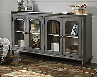With its distressed vintage paint finish, fluted details and graceful styling inspired by French provincial furniture, the exquisite Mirimyn cabinet puts the accent on très chic living. Adjustable shelved storage is abundantly practical, be it in a dining room, living room or entryway.Made of veneers, wood and engineered wood | 4 cabinet doors with glass inlays revealing 2 adjustable shelves | Assembly required | Excluded from promotional discounts and coupons | Estimated Assembly Time: 30 Minutes