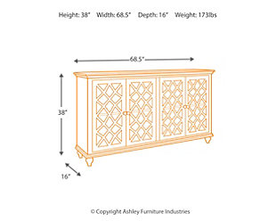 Put your love of shabby chic style on display with the wonderfully versatile Mirimyn cabinet. Adding to the charm of its distressed vintage paint finish: glass-inlay doors with a “free form” lattice design that’s delightfully different. Adjustable shelved storage is abundantly practical, be it in a dining room, living room or entryway.Made of veneers, wood and engineered wood | 4 cabinet doors with glass inlays revealing 2 adjustable shelves | Assembly required | Excluded from promotional discounts and coupons | Estimated Assembly Time: 30 Minutes