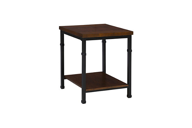 The streamlined design of this end table features an open framework and linear design for urban industrial or modern farmhouse appeal. Its spacious top and lower shelf provide ample storage and display space. The ash veneer finish and black metal accents suit your appreciation for contemporary style.Made of wood, veneer and engineered wood | Brown finish | Black powder coat metal framework | Fixed lower shelf | Assembly required