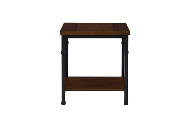 The streamlined design of this end table features an open framework and linear design for urban industrial or modern farmhouse appeal. Its spacious top and lower shelf provide ample storage and display space. The ash veneer finish and black metal accents suit your appreciation for contemporary style.Made of wood, veneer and engineered wood | Brown finish | Black powder coat metal framework | Fixed lower shelf | Assembly required