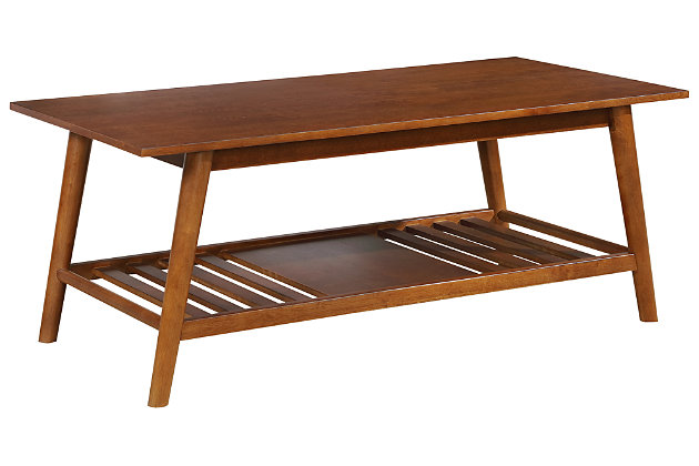 Add a touch of mid-century modern style to your home with this simply chic coffee table. The sleek lined design is enriched with a rich, warm brown finish. Slatted bottom shelf provides ample space for books and baskets.Made of wood, engineered wood and birch veneer | Slatted shelf | Assembly required