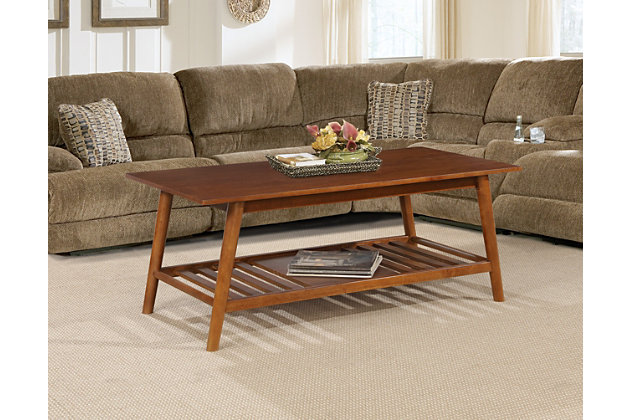 Add a touch of mid-century modern style to your home with this simply chic coffee table. The sleek lined design is enriched with a rich, warm brown finish. Slatted bottom shelf provides ample space for books and baskets.Made of wood, engineered wood and birch veneer | Slatted shelf | Assembly required